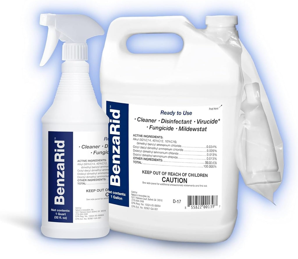 BenzaRid Pro Mold Killer Fungicide Disinfectant including Aspergillus Niger (Black Mold) H5N1 Pack | Multi-Purpose Fungicide, Mildewstat, Disinfectant, Virucide | EPA Reg. 1 Gal + 32 oz.